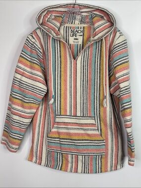 Beach Life La Drift Baha Striped Pullover Hooded Sweatshirt Size Small